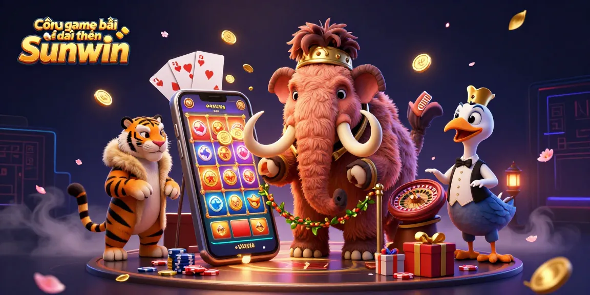 Cổng game bài đổi thưởng Sunwin showcases a vibrant and dynamic casino scene with playful characters and engaging game elements.