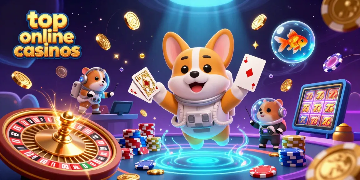 Experience the top online casinos with a vibrant 3D casino scene featuring an astronaut corgi and floating treasures.